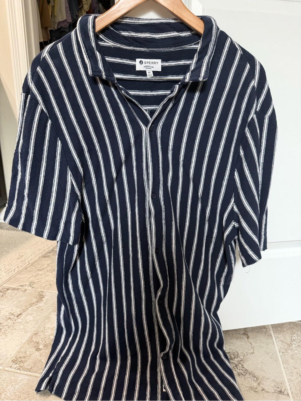 Sperry Navy and White Vertical Stripe Short Sleeve Shirt